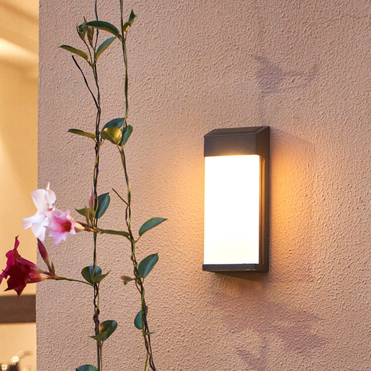 Solar Outdoor Wall Lamp Black Metal Rectangular Glass Shade
