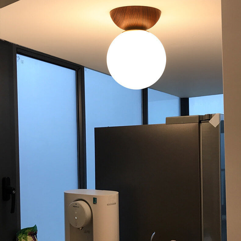 Single Globe Ceiling Light with Wooden Detail and Metal Mount