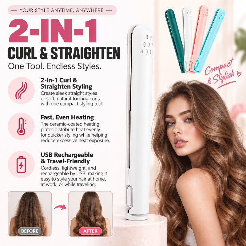 2-in-1 Mini Hair Straightener & Curler | Cordless Portable Styling Tool