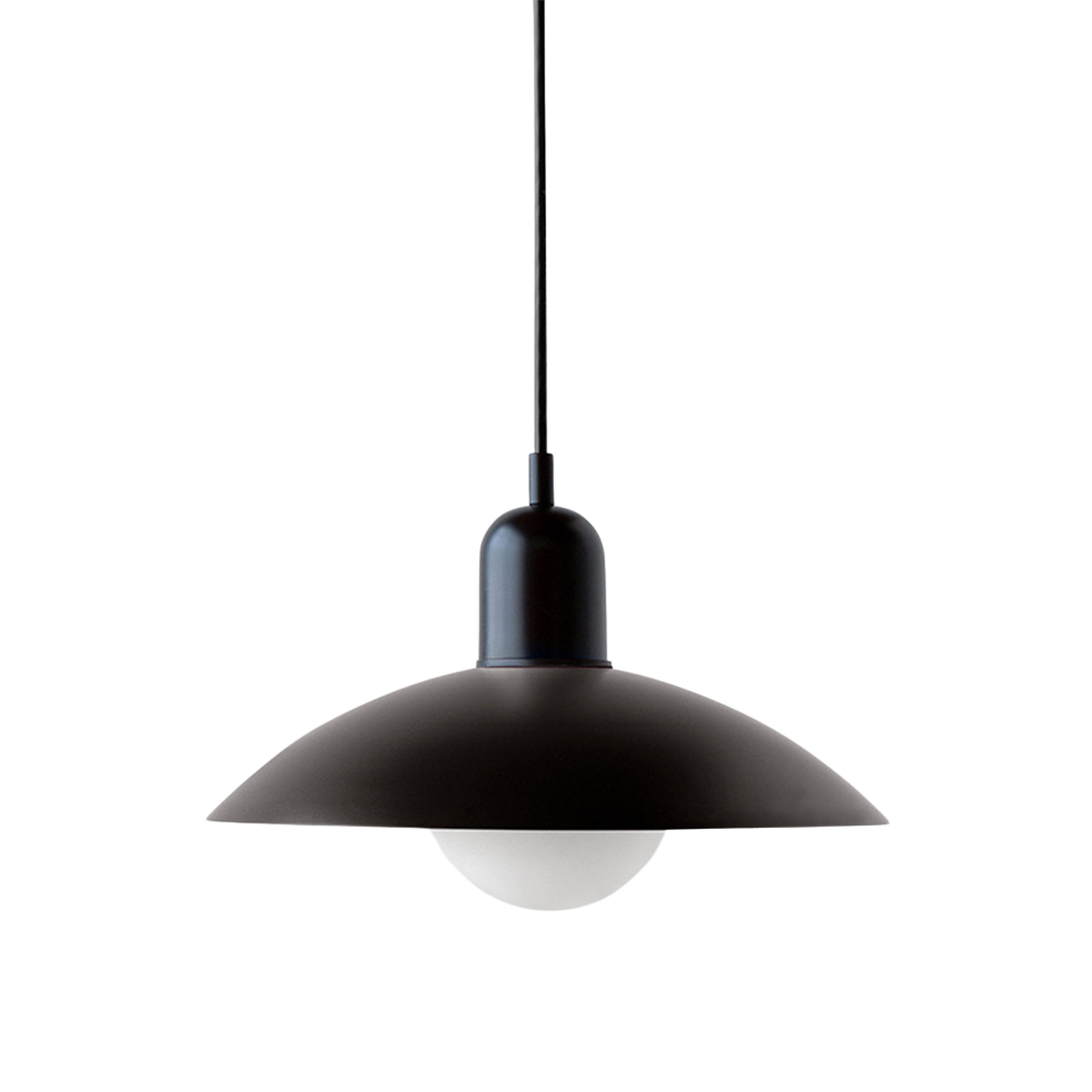 Hanging ceiling lamp with shallow curved metal shade