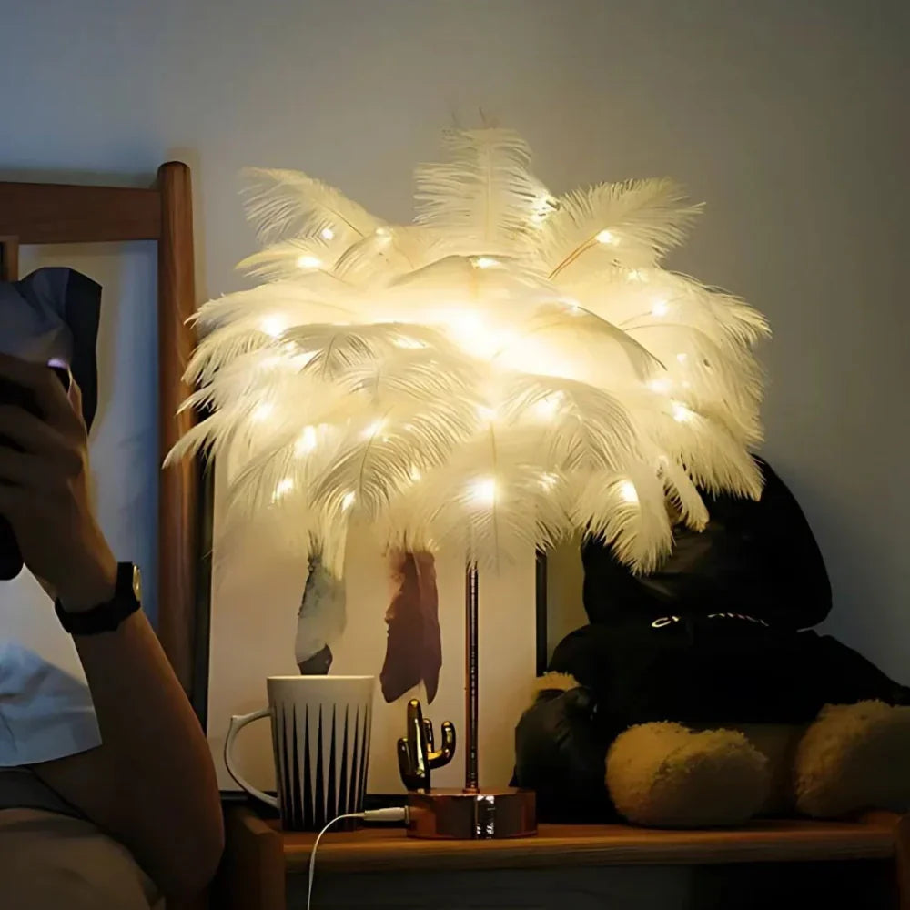Feather Table Lamp with Metal Stem and Round Base