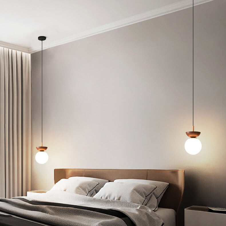 Single Globe Ceiling Light with Wooden Detail and Metal Mount