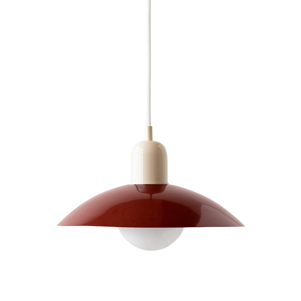 Hanging ceiling lamp with shallow curved metal shade