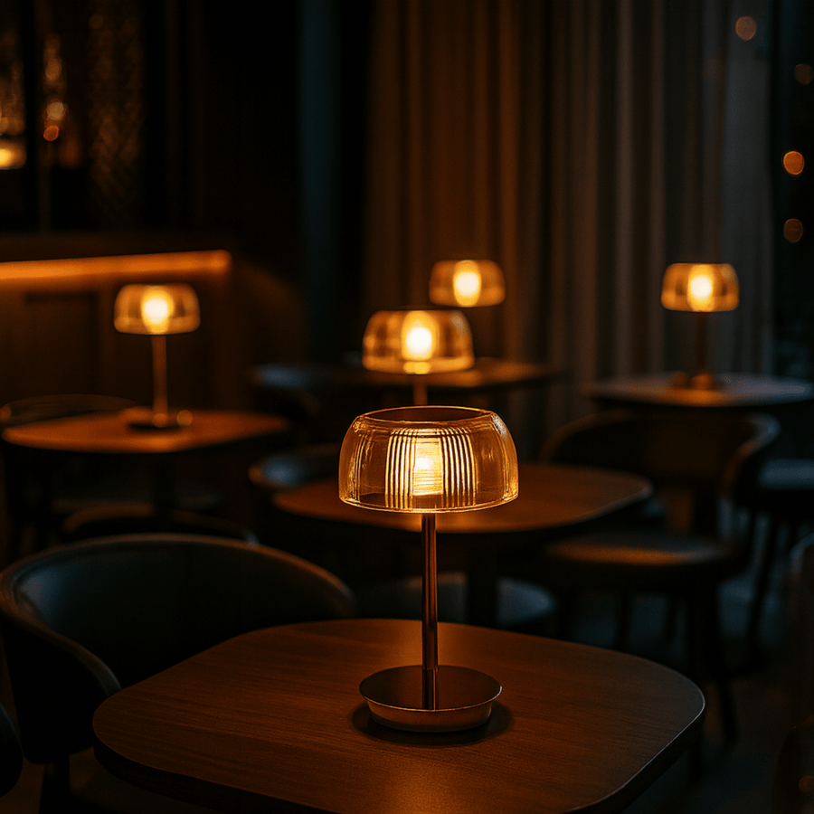 Rechargeable LED Glass Table Lamp with Ribbed Shade and Metal Base