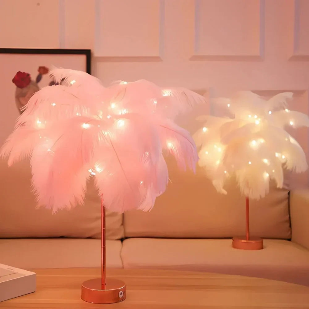 Feather Table Lamp with Metal Stem and Round Base