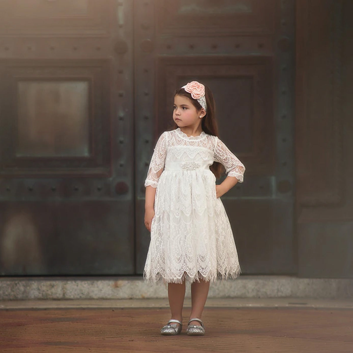 VICKY ANTIQUE WHITE LACE DRESS & BELT SET
