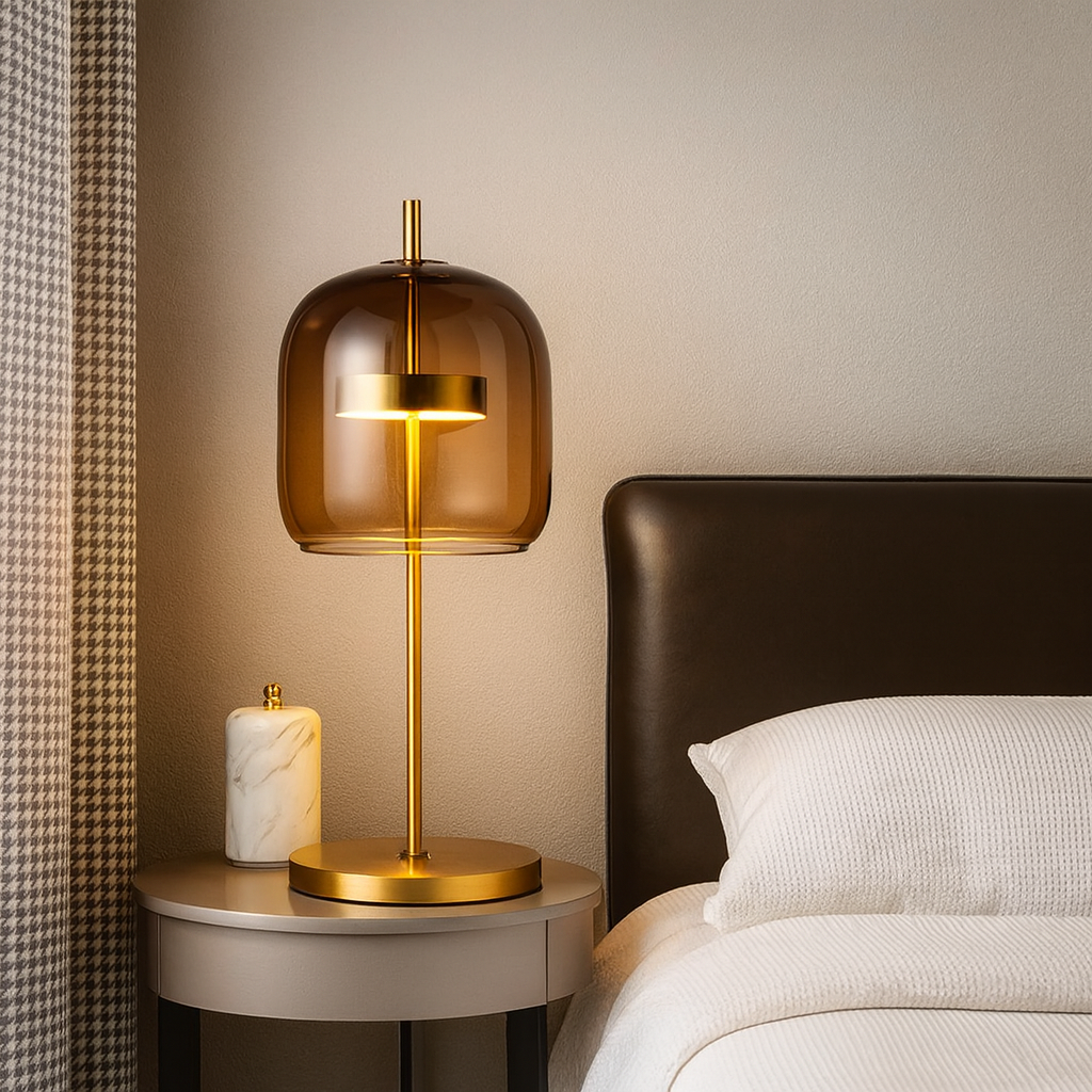 Glass Dome Table Lamp with Gold Iron Stem and Round Base