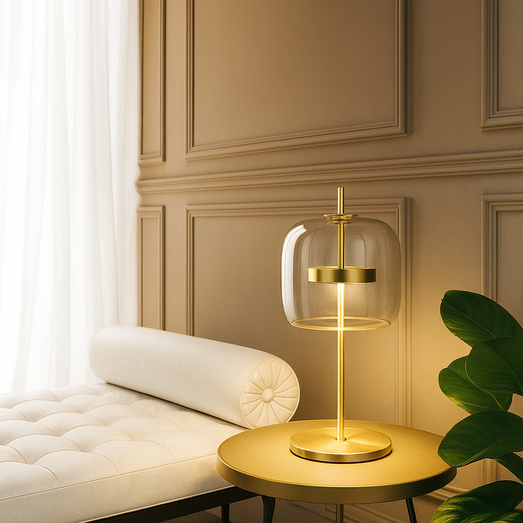 Glass Dome Table Lamp with Gold Iron Stem and Round Base