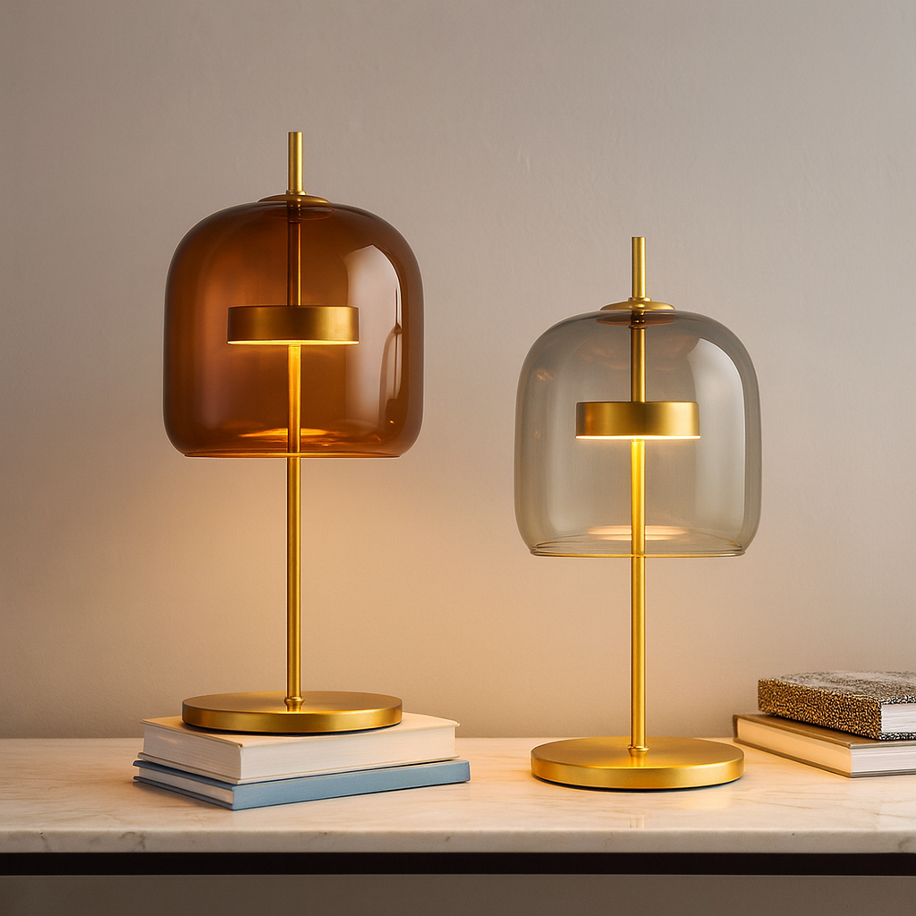 Glass Dome Table Lamp with Gold Iron Stem and Round Base