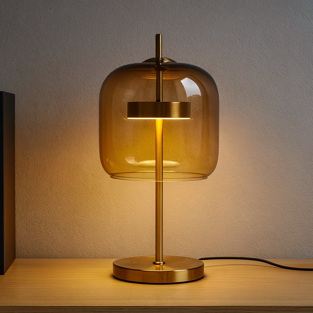 Glass Dome Table Lamp with Gold Iron Stem and Round Base