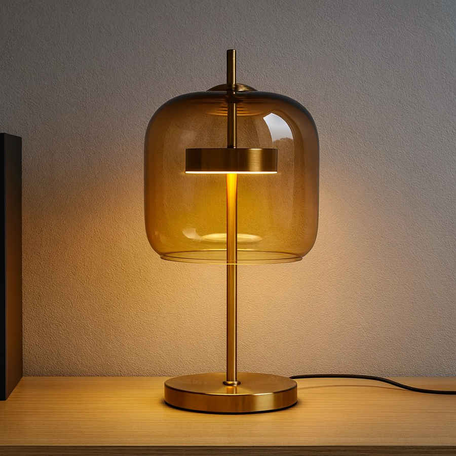 Glass Dome Table Lamp with Gold Iron Stem and Round Base