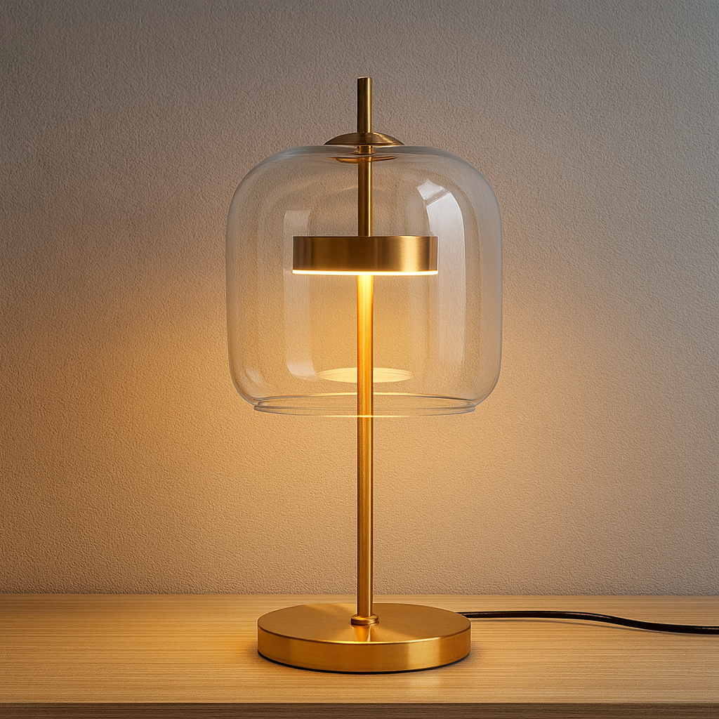 Glass Dome Table Lamp with Gold Iron Stem and Round Base