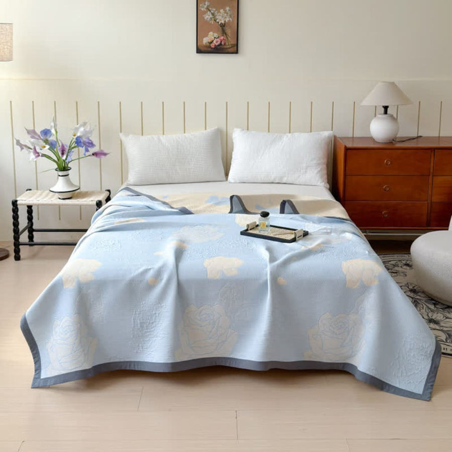 Blue Rose Bloom Cotton Blanket