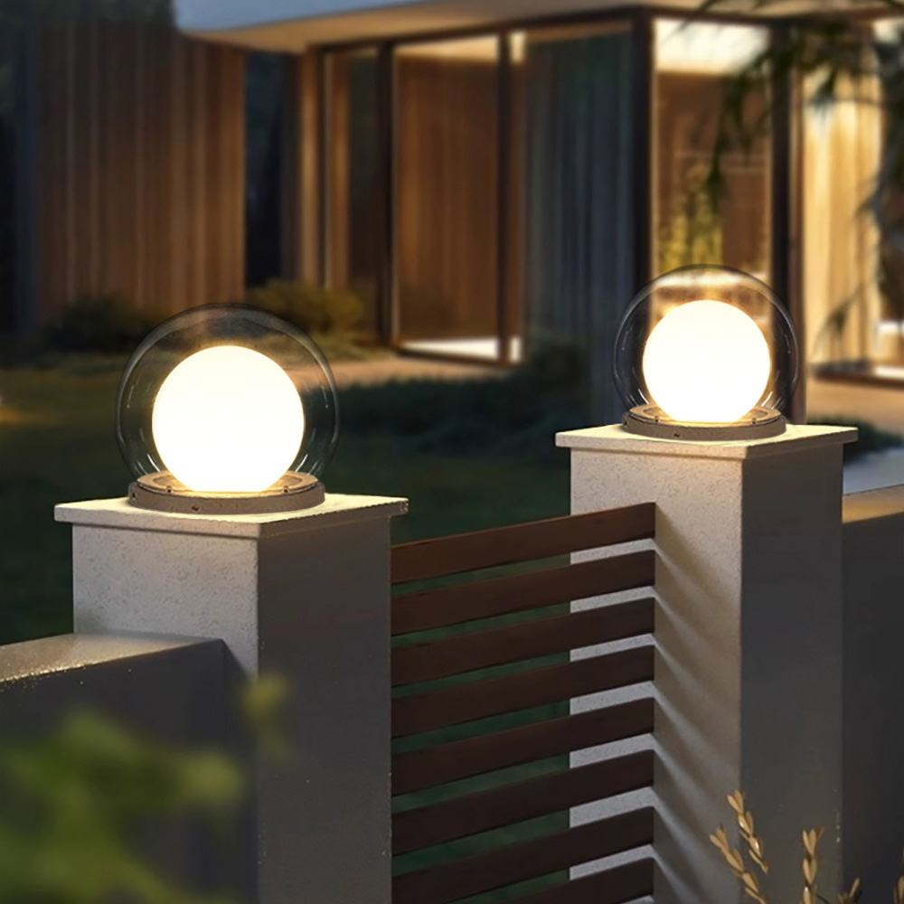 Fence Outdoor Lamp Round Glass Globe Black Housing