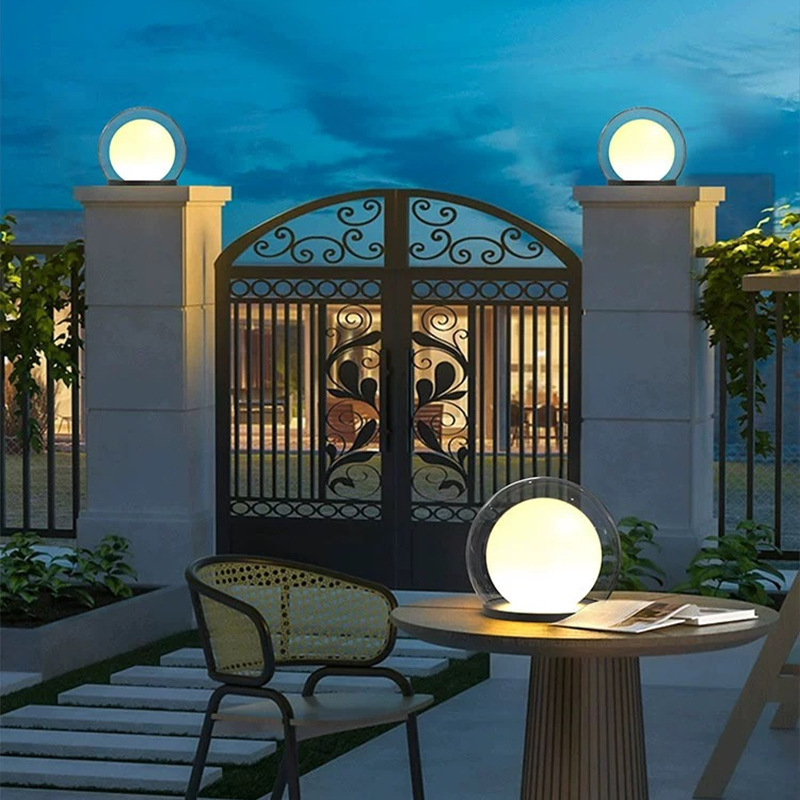 Fence Outdoor Lamp Round Glass Globe Black Housing