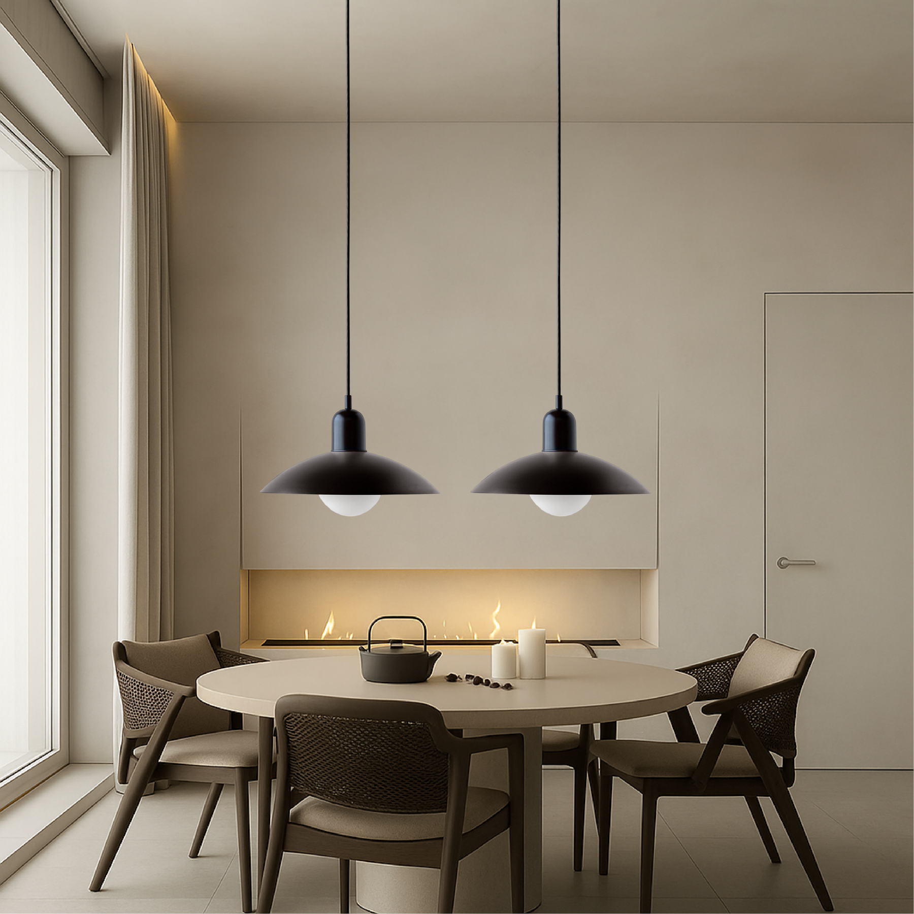 Hanging ceiling lamp with shallow curved metal shade