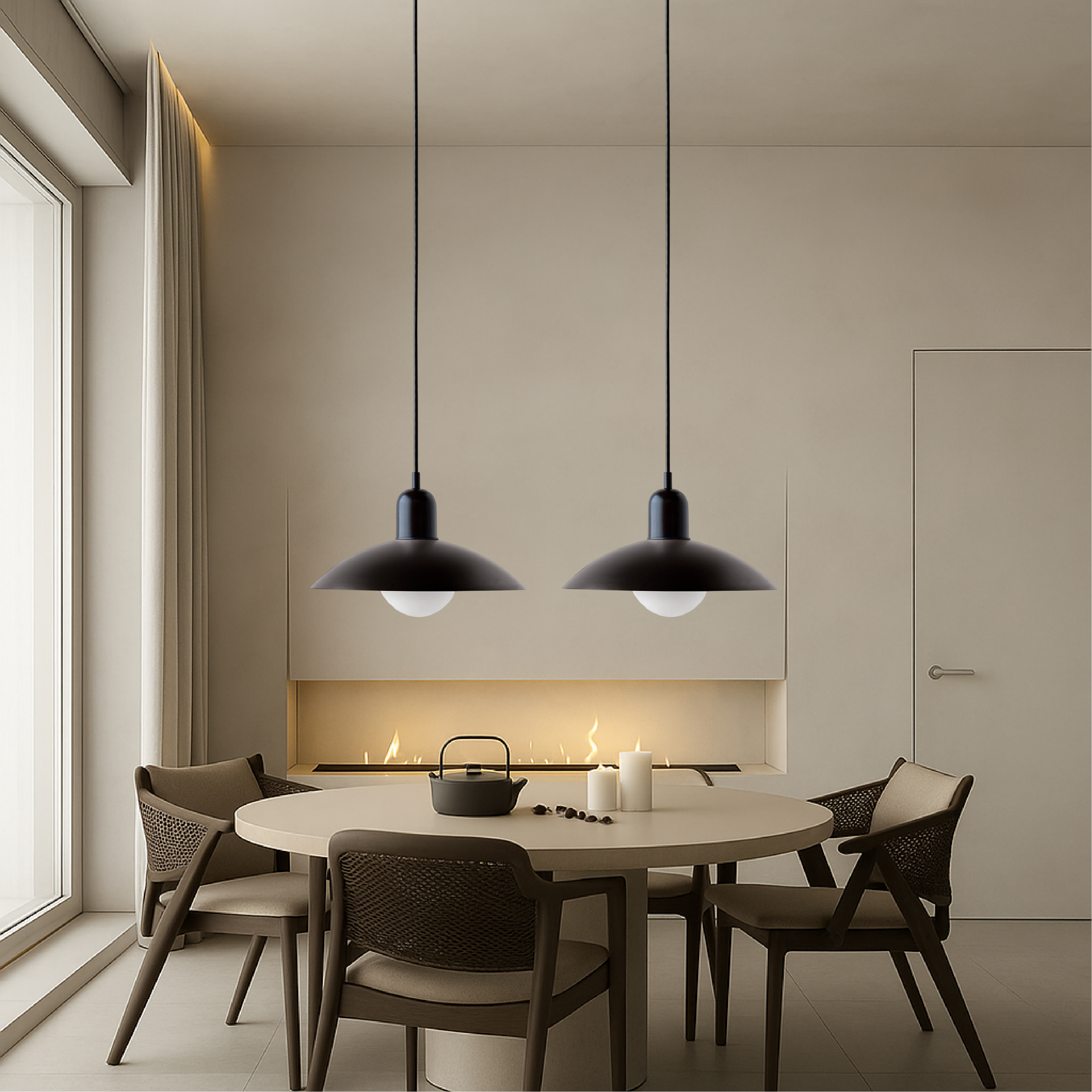 Hanging ceiling lamp with shallow curved metal shade