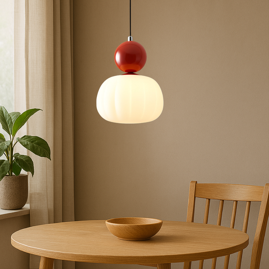 Opal glass pendant light with coloured sphere cap