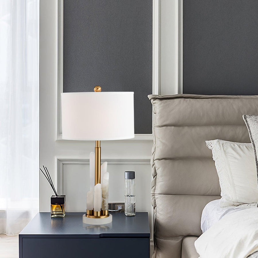 Alabaster Table Lamp with Cylindrical Fabric Shade