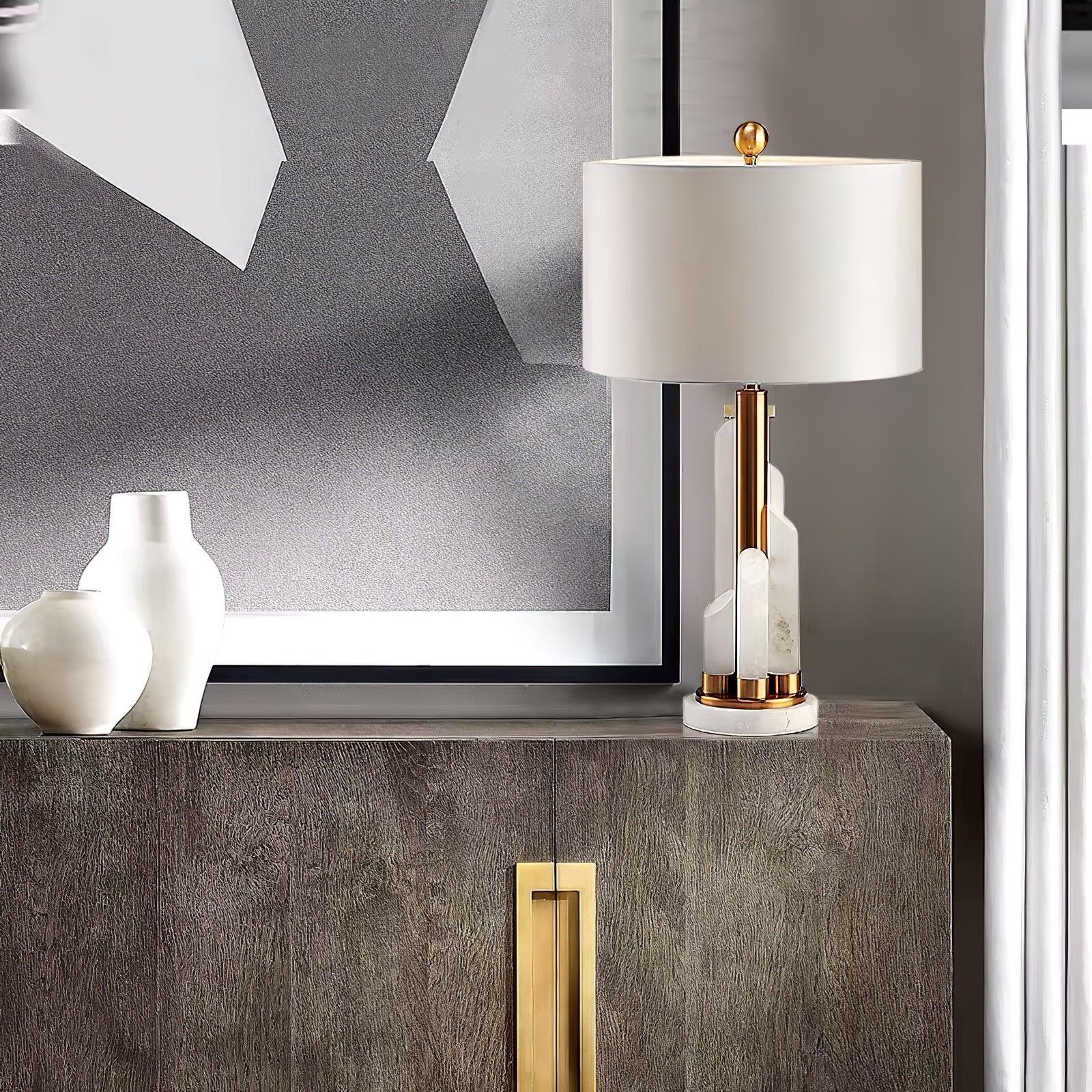 Alabaster Table Lamp with Cylindrical Fabric Shade