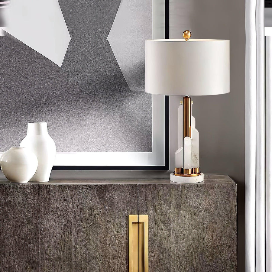 Alabaster Table Lamp with Cylindrical Fabric Shade