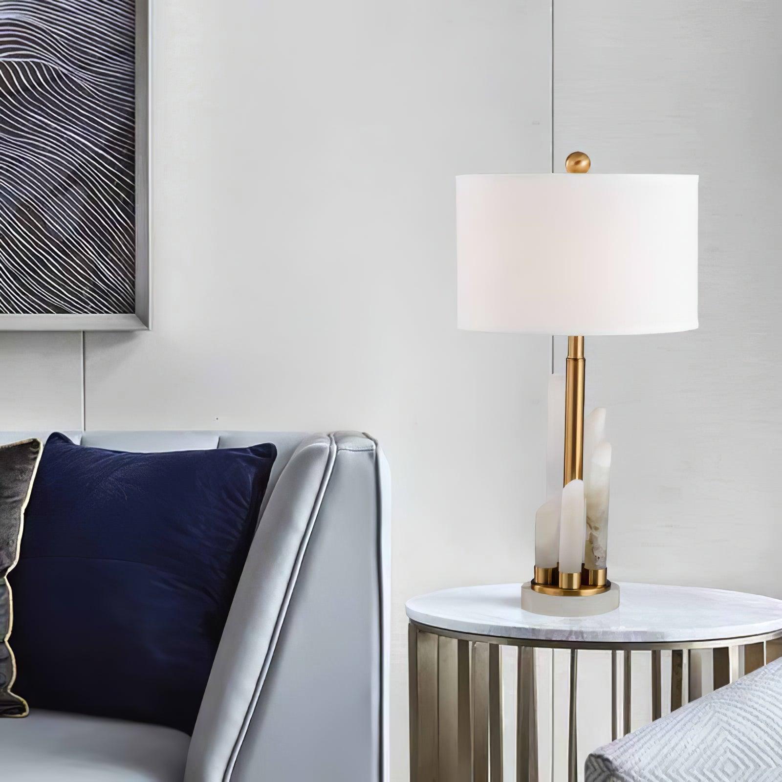Alabaster Table Lamp with Cylindrical Fabric Shade