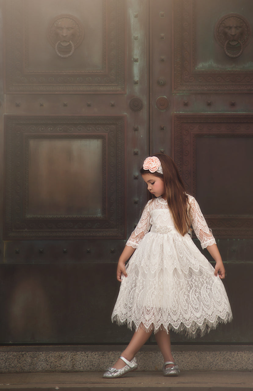 VICKY ANTIQUE WHITE LACE DRESS & BELT SET