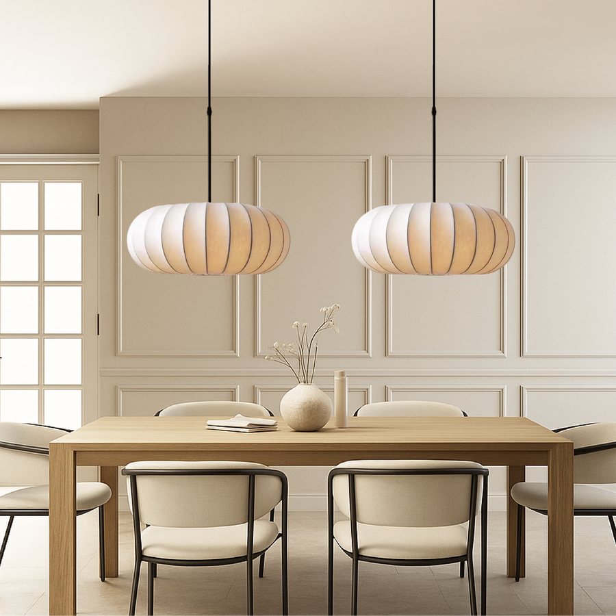 Round lantern pendant light with ribbed fabric shade