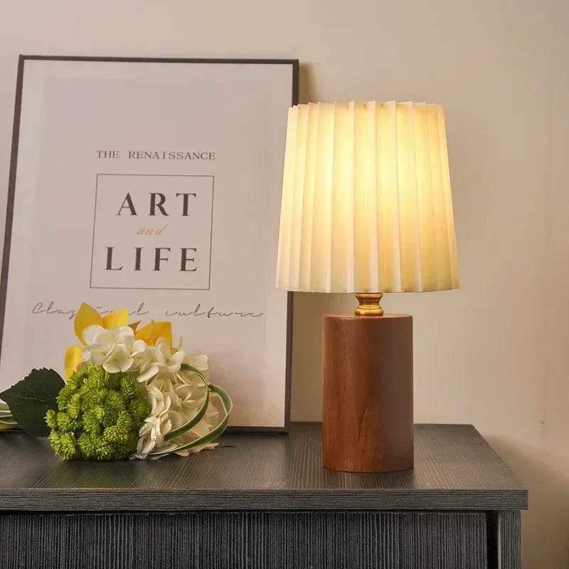 Medieval Pleated Table Lamp | Nordic Wood Base Design