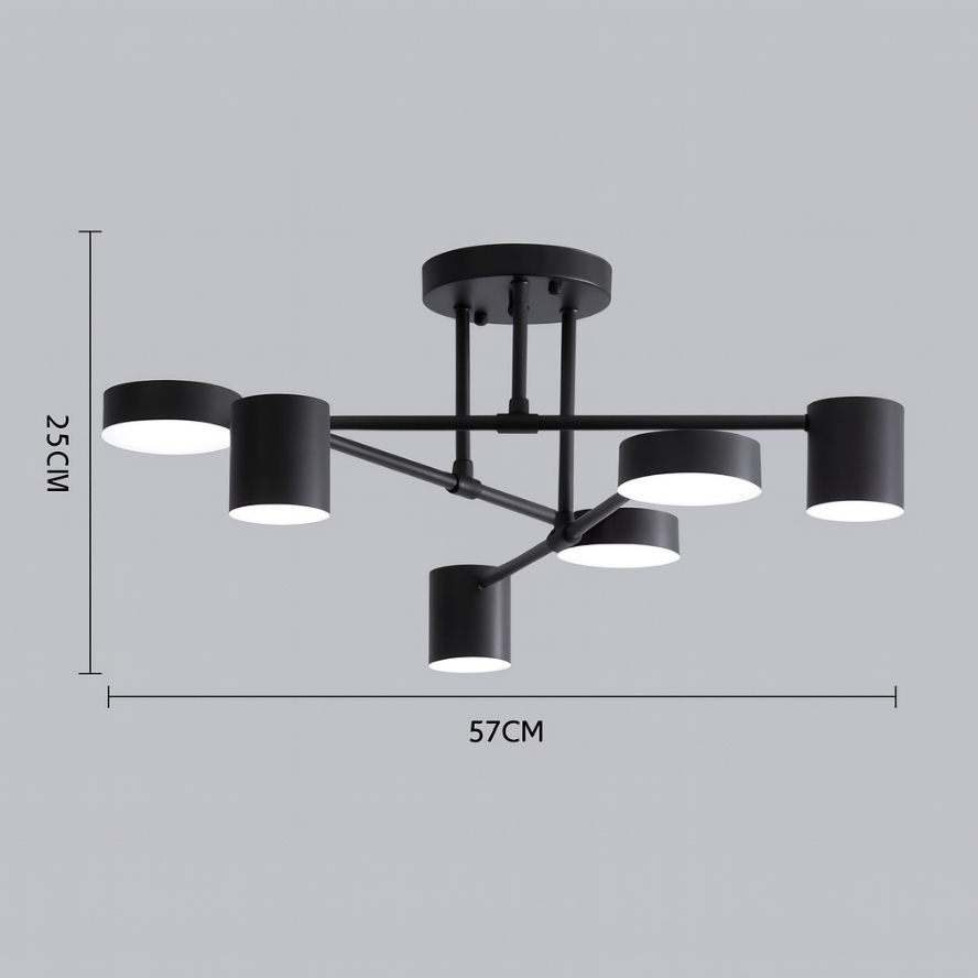 Six Light Ceiling Fixture with Brass Finish and Cylindrical Shades