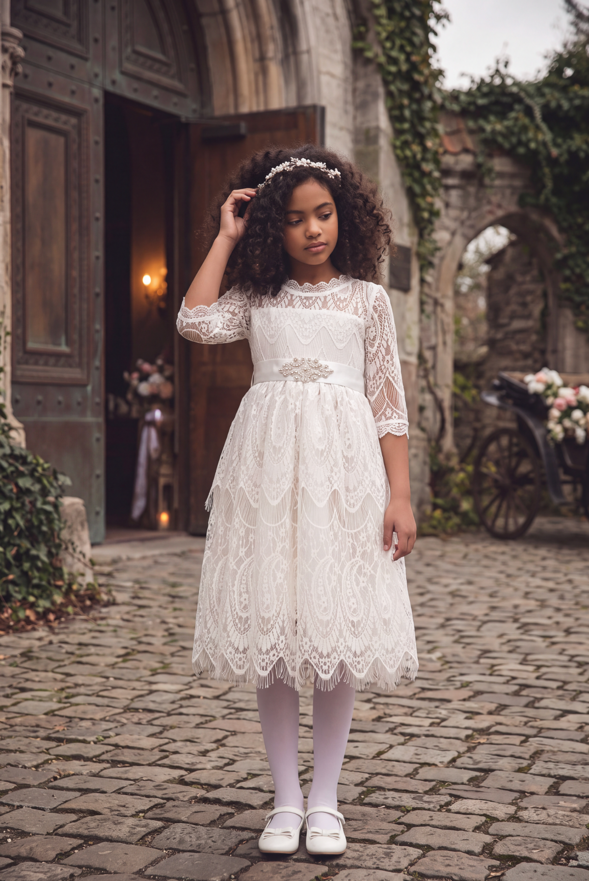 VICKY ANTIQUE WHITE LACE DRESS & BELT SET
