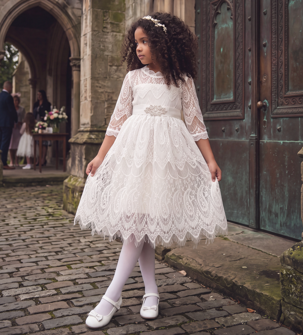 VICKY ANTIQUE WHITE LACE DRESS & BELT SET