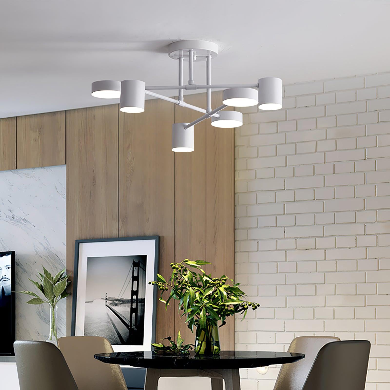 Six Light Ceiling Fixture with Brass Finish and Cylindrical Shades