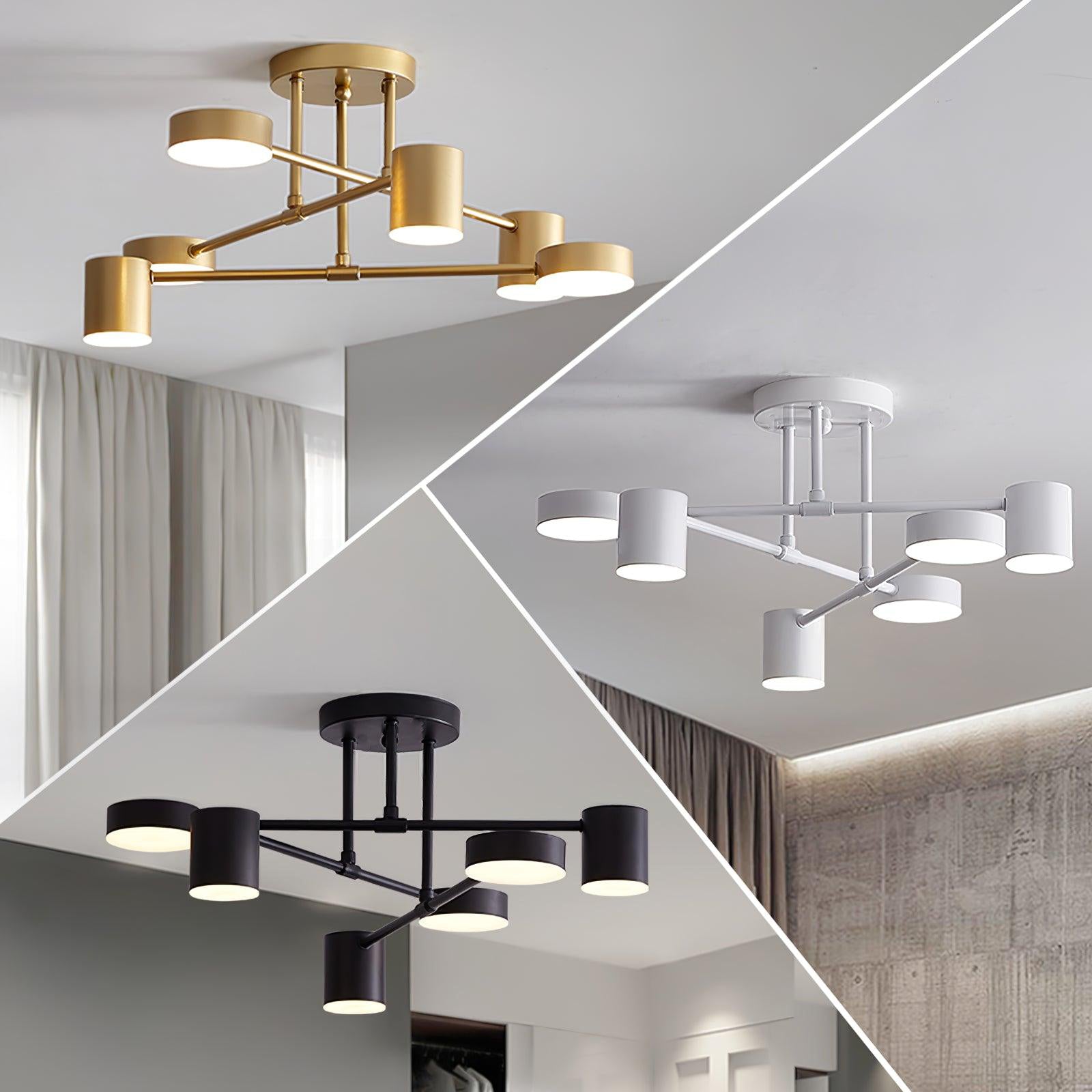 Six Light Ceiling Fixture with Brass Finish and Cylindrical Shades