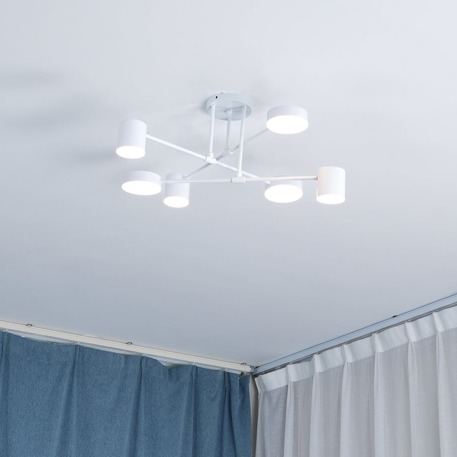 Six Light Ceiling Fixture with Brass Finish and Cylindrical Shades