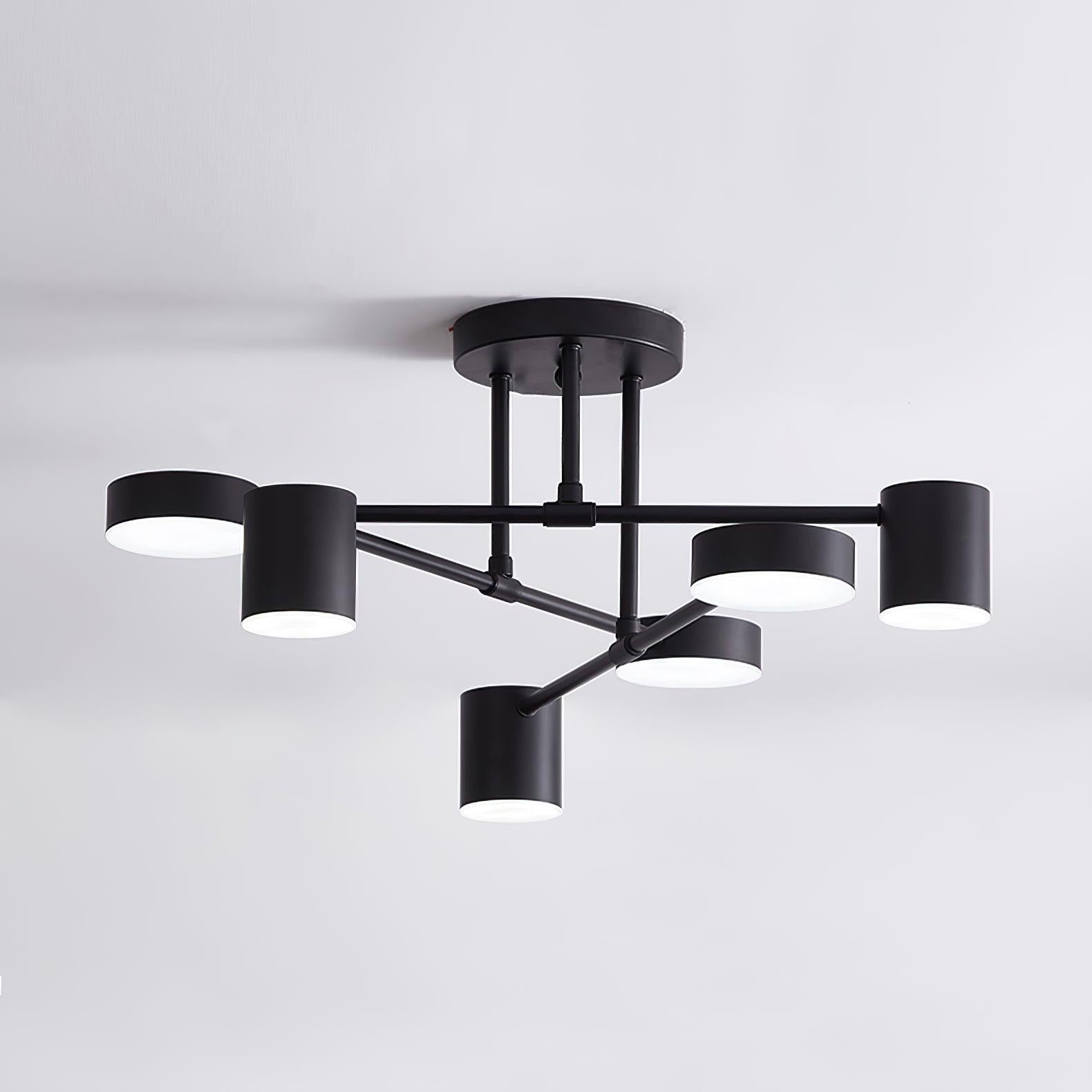 Six Light Ceiling Fixture with Brass Finish and Cylindrical Shades