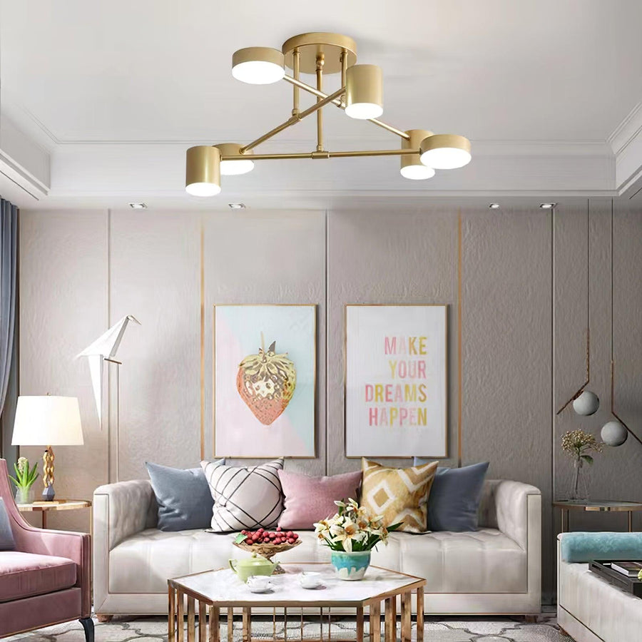 Six Light Ceiling Fixture with Brass Finish and Cylindrical Shades